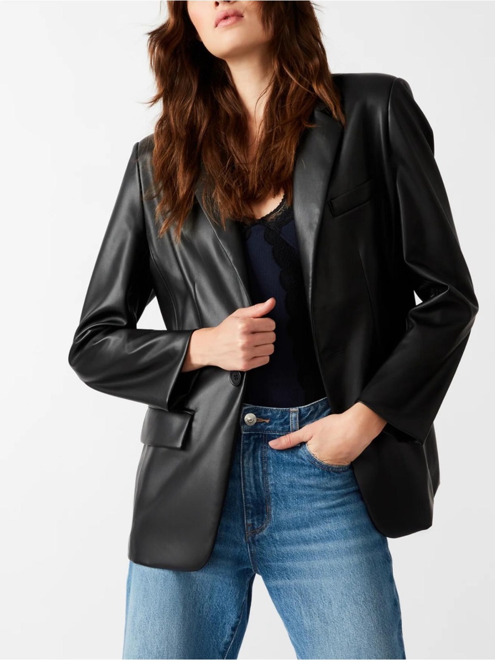 Steve Madden Black Faux Leather Oversized Blazer Boyfriend Jacket Chic Size M